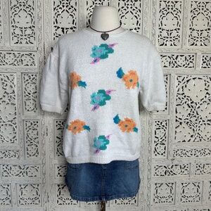 Vintage Floral Grannycore Knit Short Puff Sleeve Sweater Sz Medium